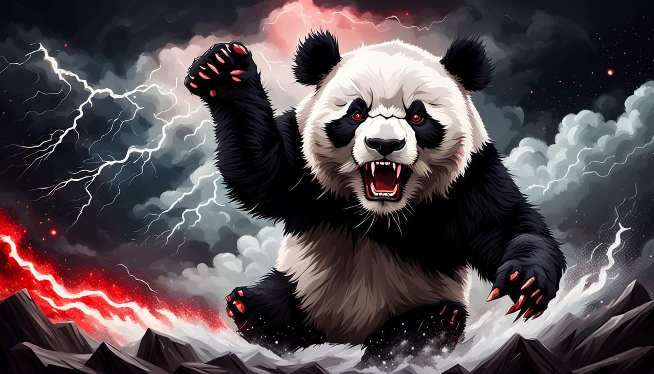 Furious Panda with Red Eyes in Starry Storm