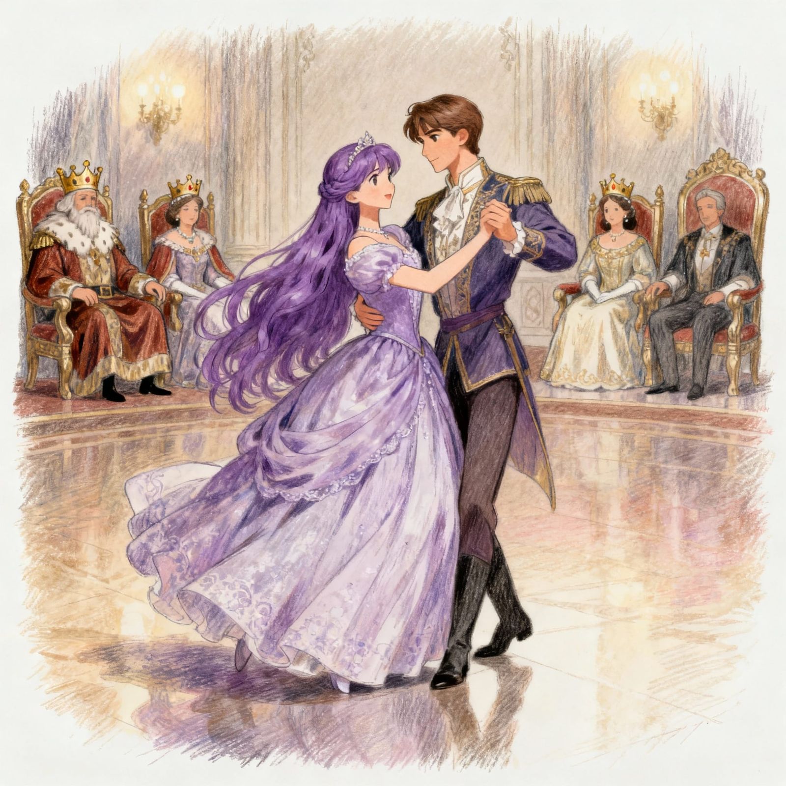Anime Princess Dances with Prince in Ballroom