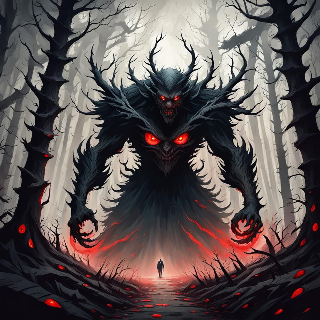 Eerie Forest with Shadow and Red Eyes
