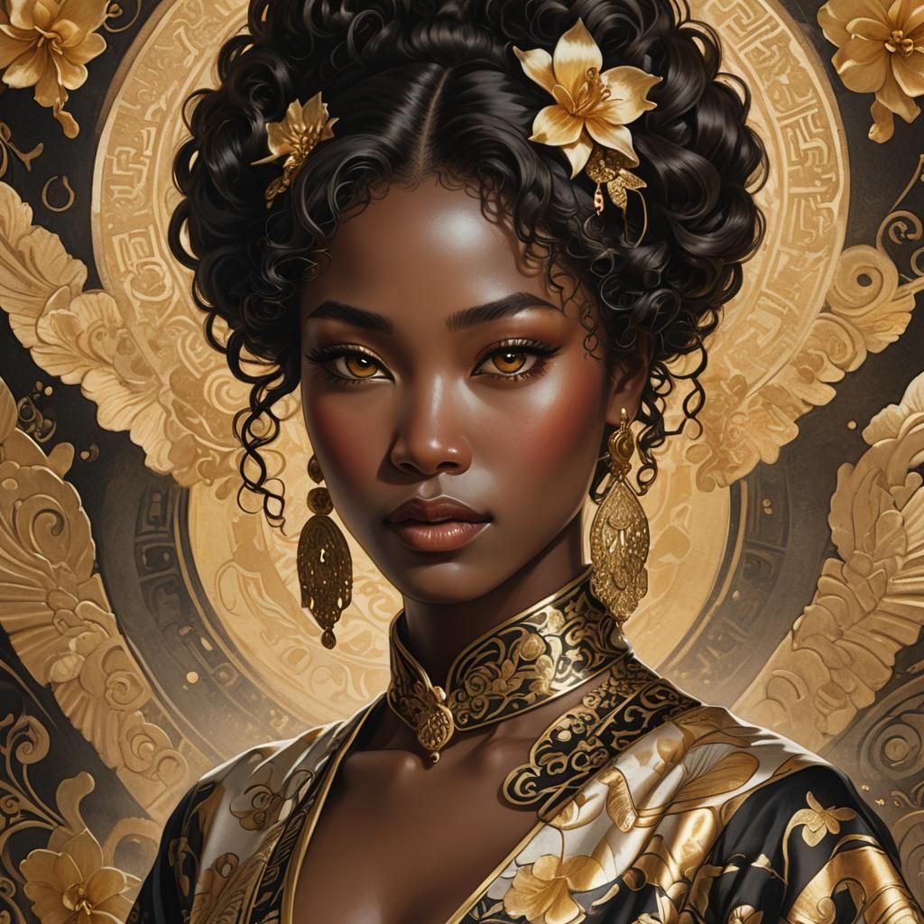 Ebony Goddess with Golden Eyes in Art Deco Style