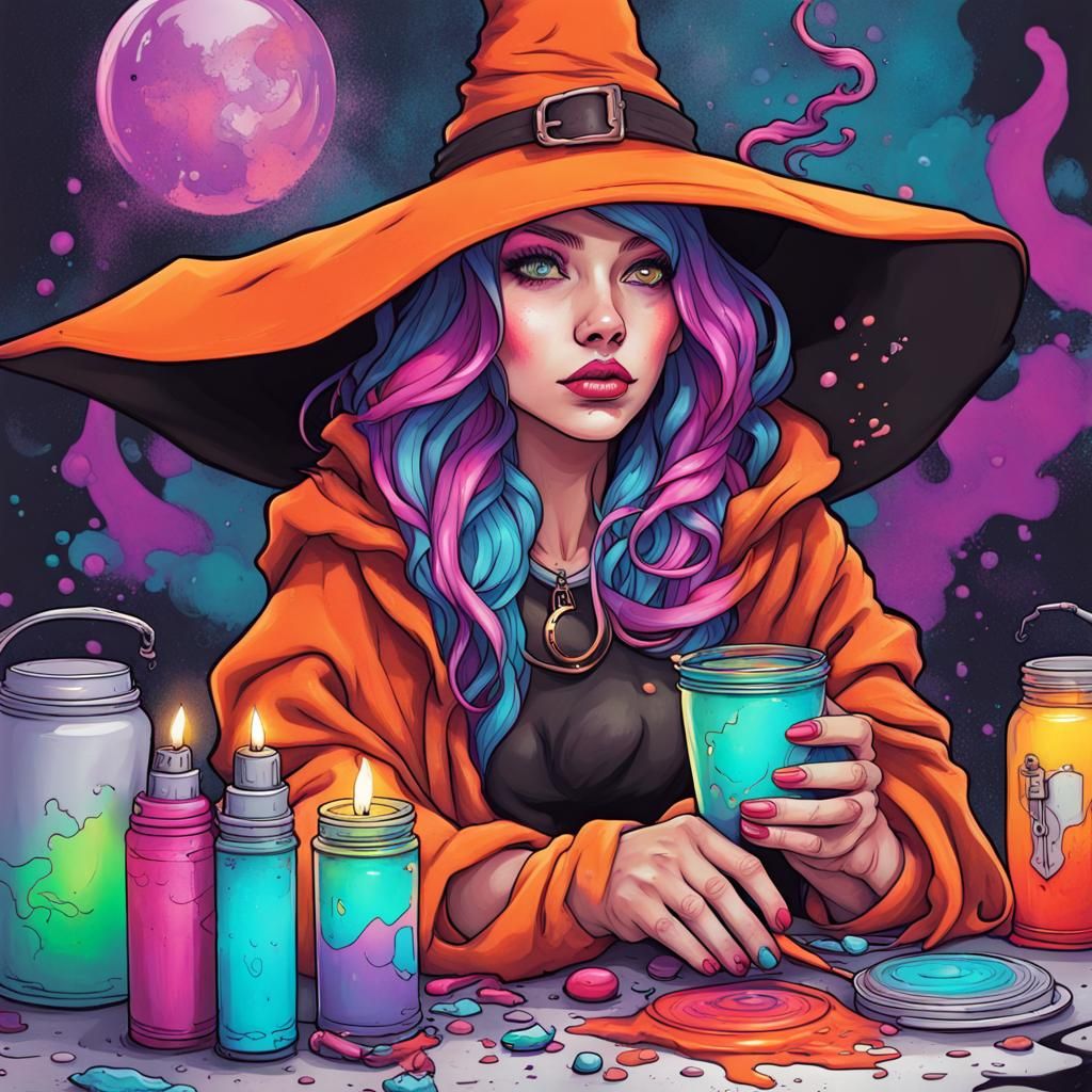 Modern Witch Coloring Page in Graffiti Style