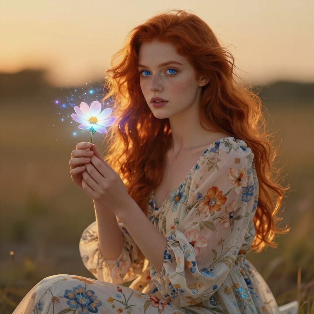Red Haired Woman with Space Flower at Sunset