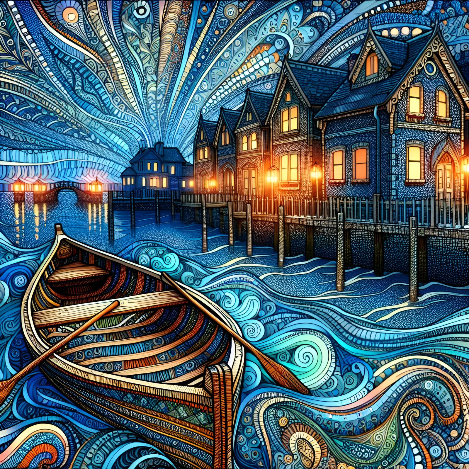 Glowing Canoe on Shoreline with Paisley Sky