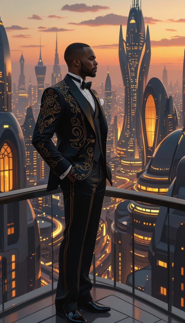 Art Deco Suit Man Overlooking Futuristic City at Twilight