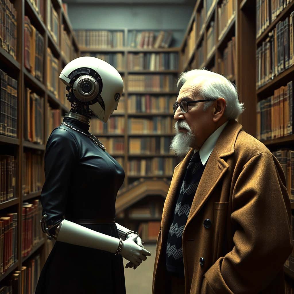 Android Debates Scholar in Atmospheric Cinematic Film Still