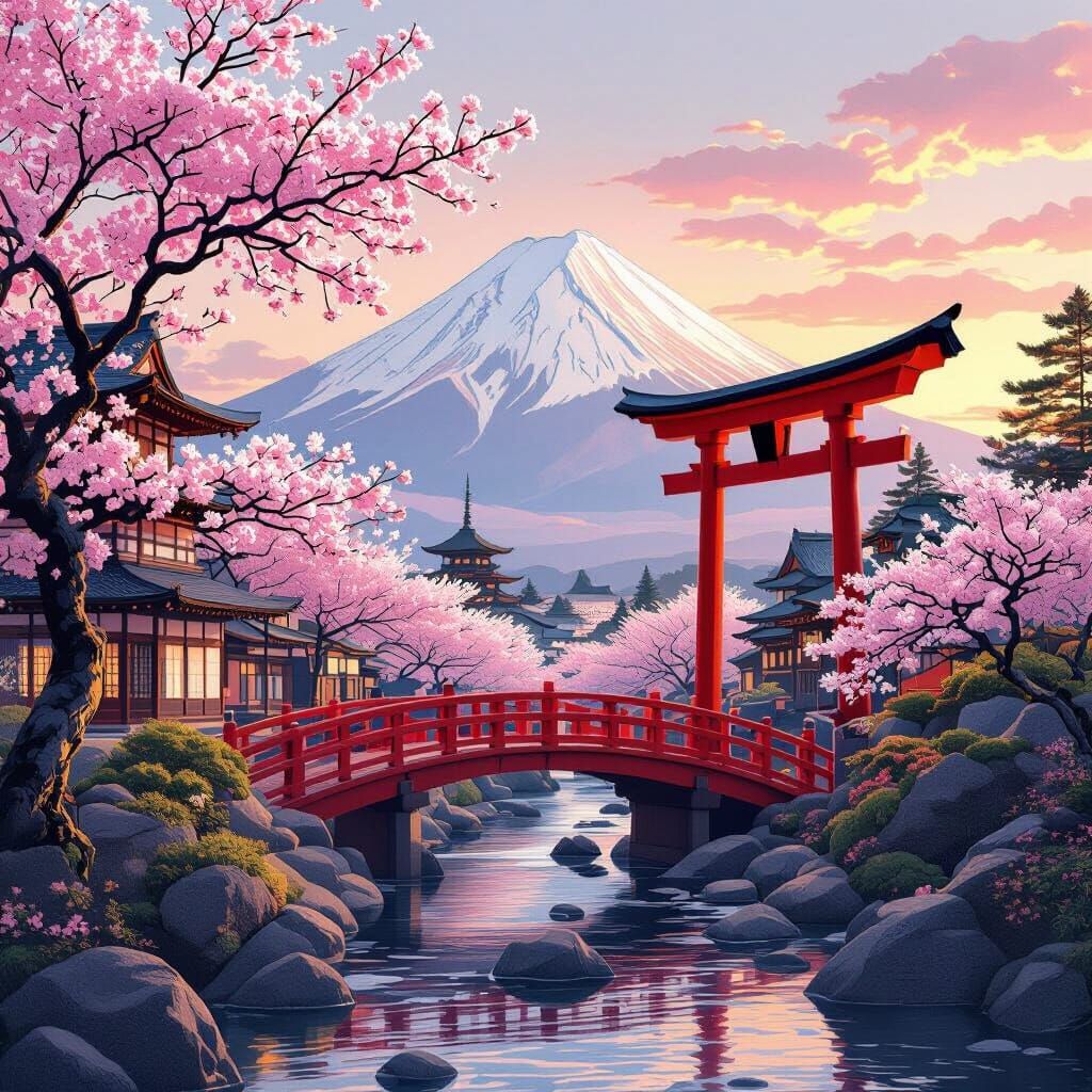 Majestic Japanese Sunrise with Mount Fuji and Cherry Blossom...