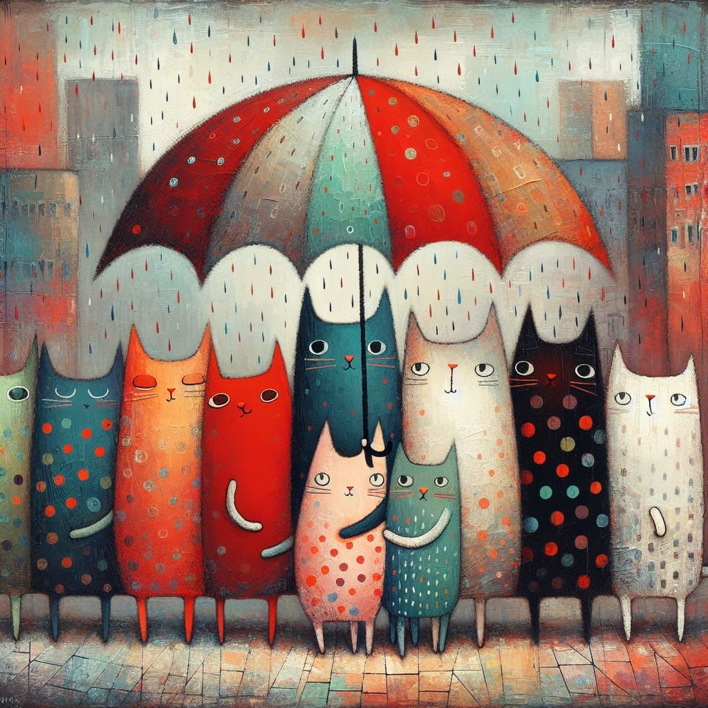 Cats Sheltering from Rain in Folk Art Style