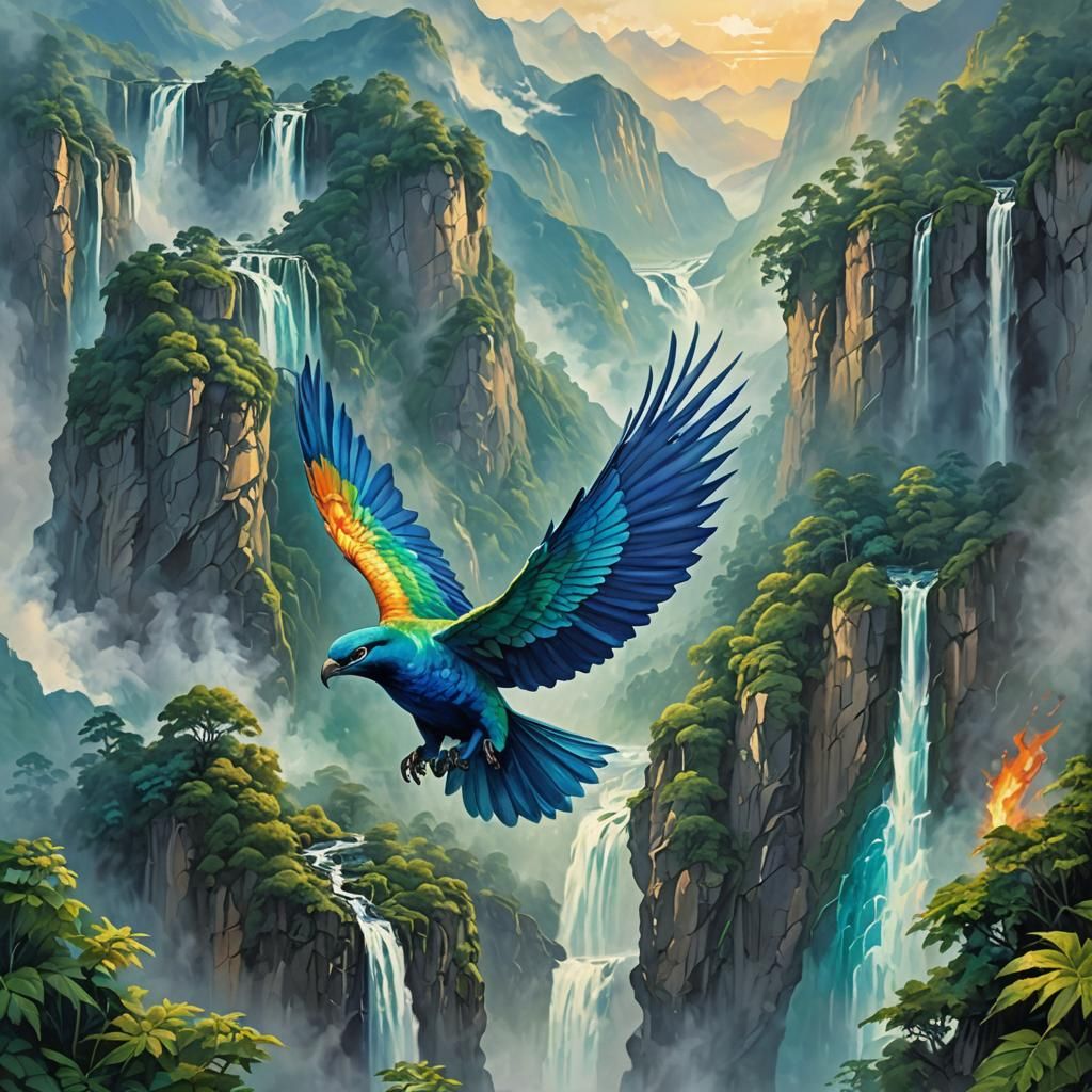 Blue Sea Wing Soaring Over Misty Mountains