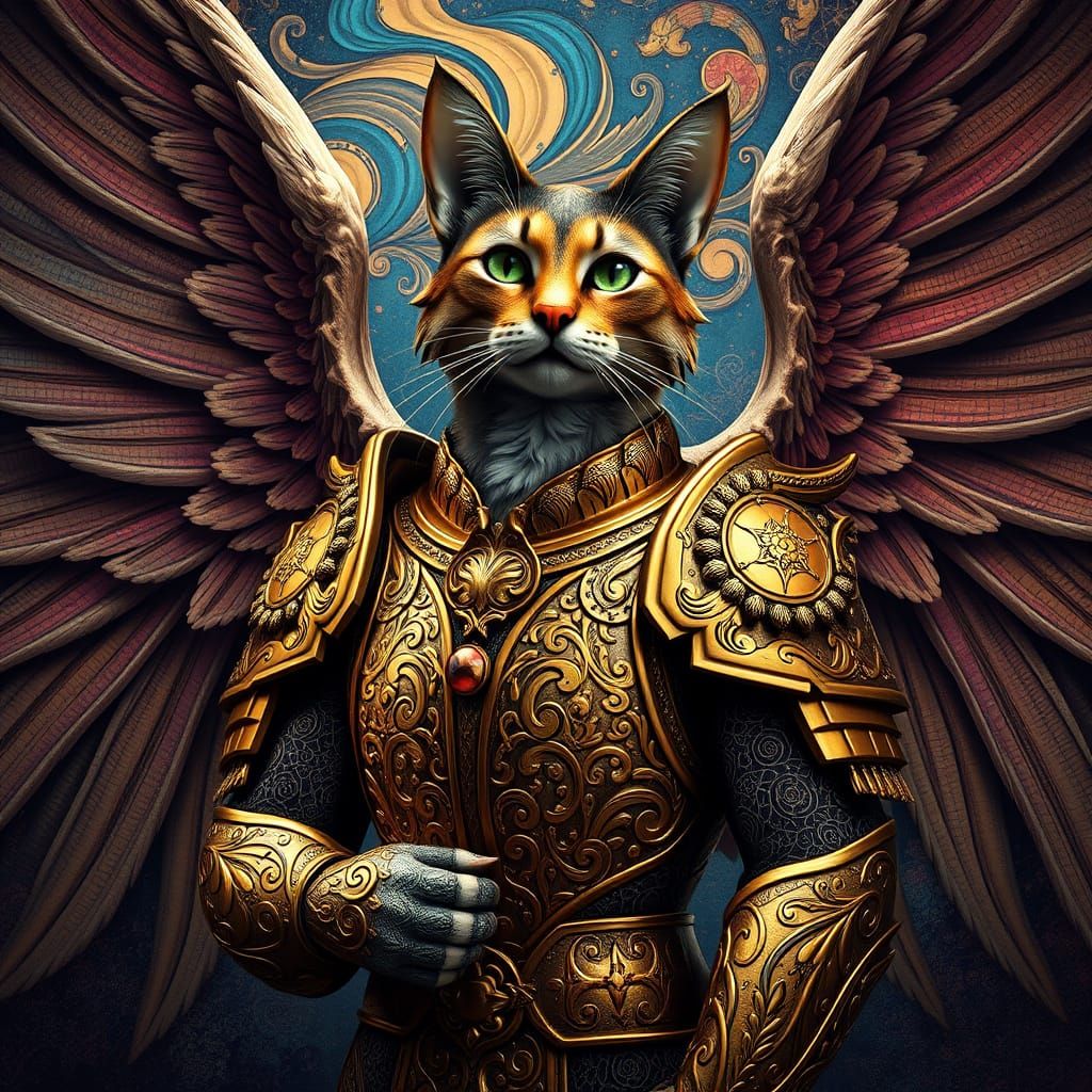 Winged Cat Arcangelo Michele in Klimt and Chagall Style