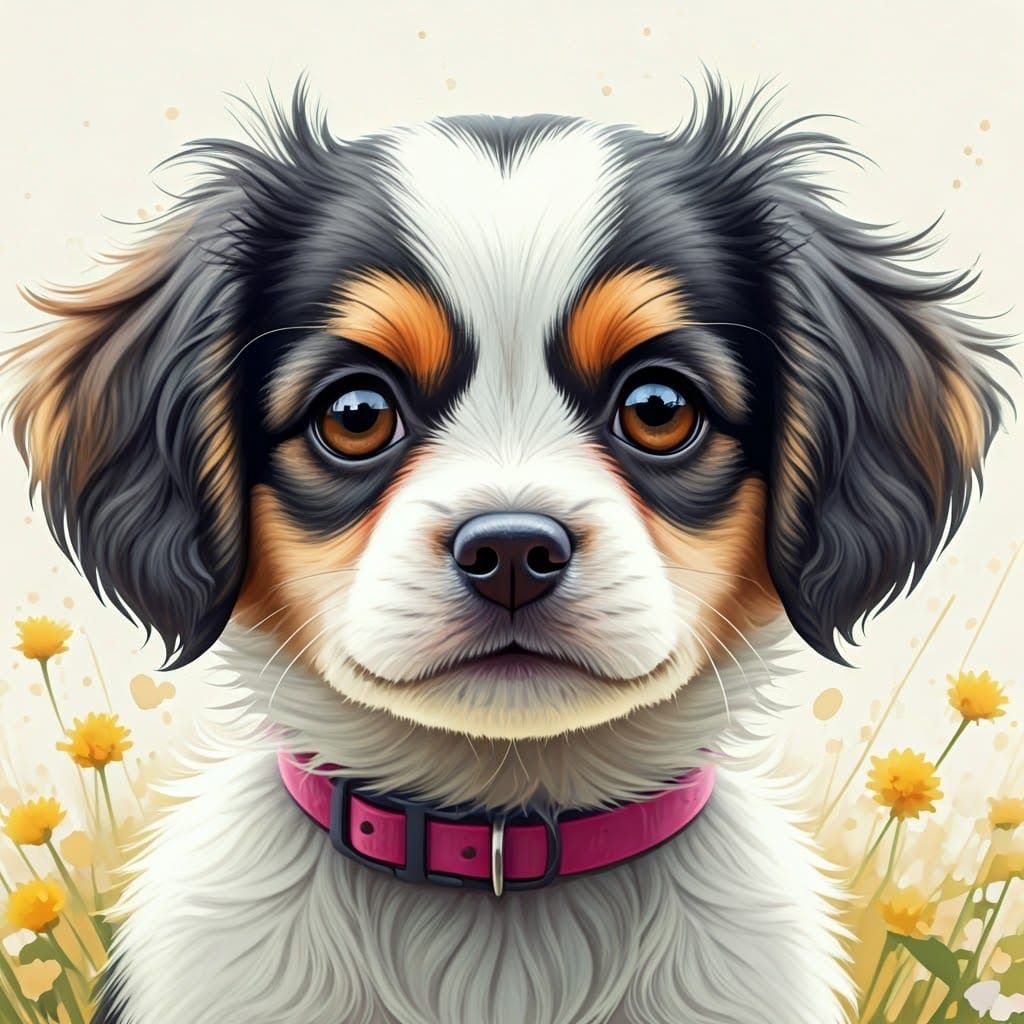 Small Fluffy Dog with Soulful Eyes in Whimsical Watercolor S...