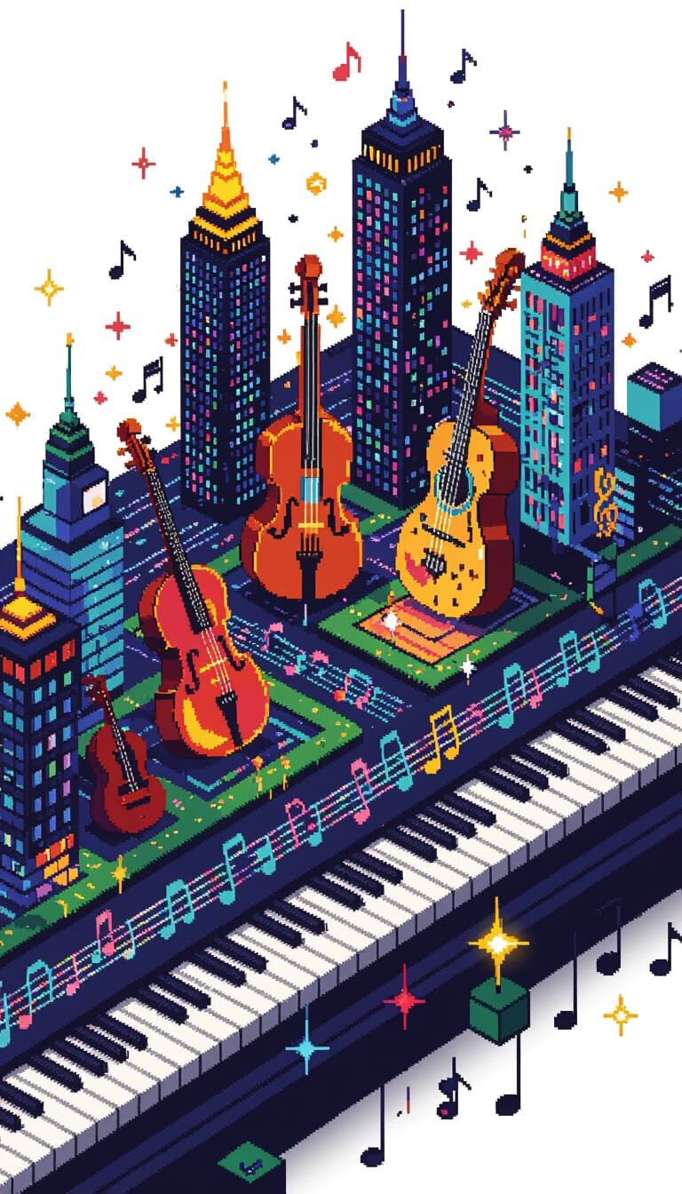 Isometric Pixel Art City of Musical Notes