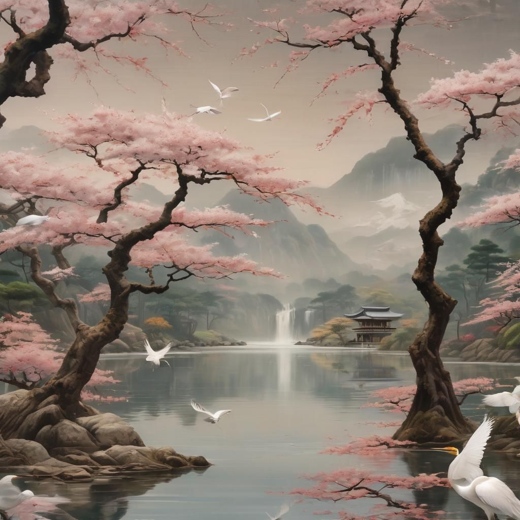 Sakura Tree by Lake with Japanese Temple