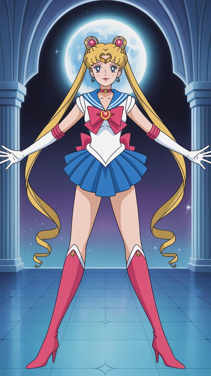 Anime Sailor Moon Illustration with Glowing Moon Background
