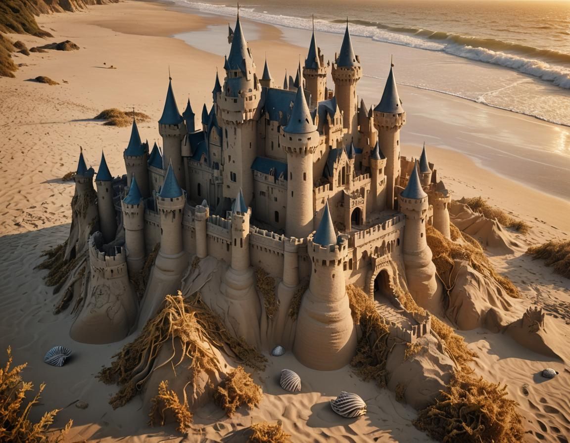 Detailed Sandcastle at Sunset in Digital Matte Painting Styl...