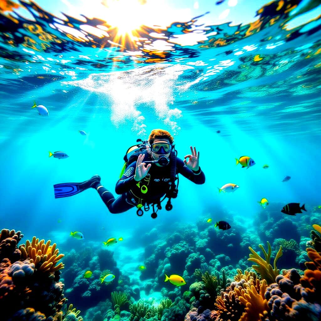 Photorealistic Diver Gives OK Sign in Sunlit Ocean Depths