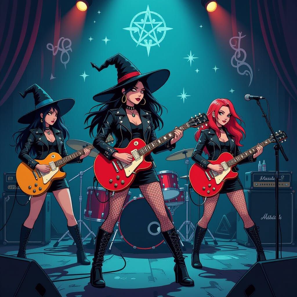 Witch Rock Band on Stage in Gothic Fantasy Style