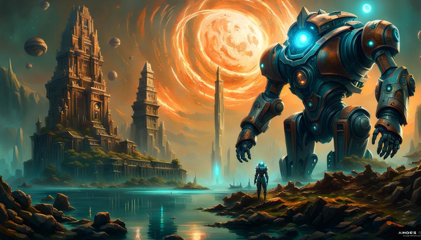 Ancient Robotic Golem in Underwater Cityscape