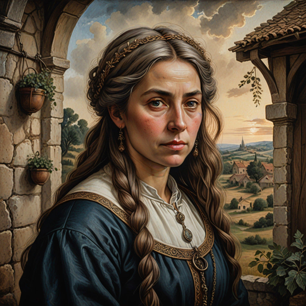 A Medieval Peasant Woman in Atmospheric Maximalist Art