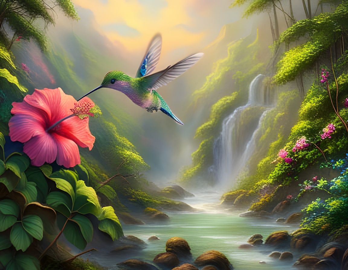 Hummingbird Feeds on Hibiscus in Ethereal Tattoo Style