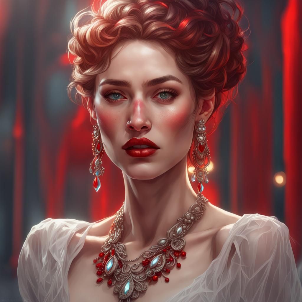 Defiant Woman with Red Crystal Earrings, Hyperdetailed Portr...