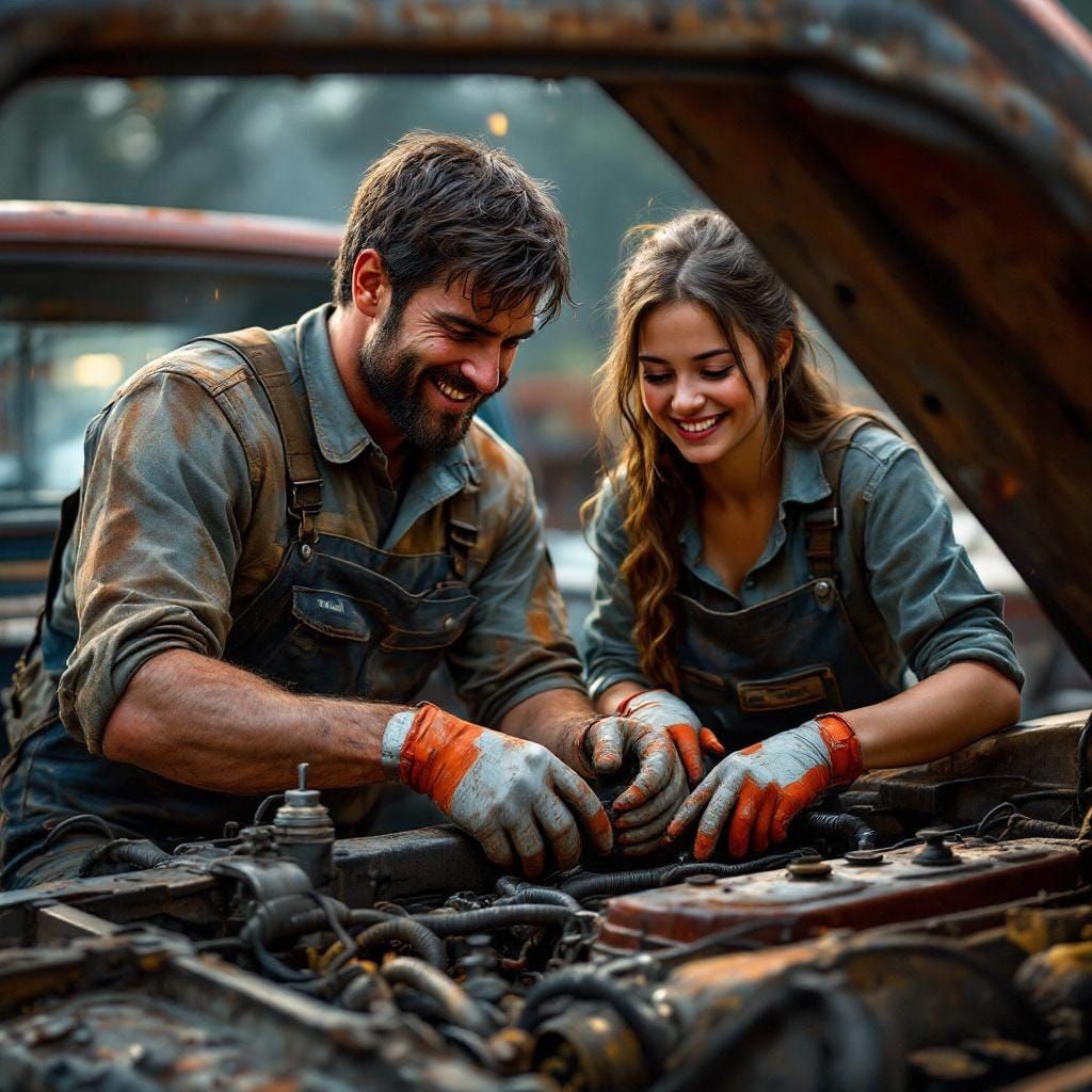 Father and Daughter Repairing Truck, Digital Matte Painting