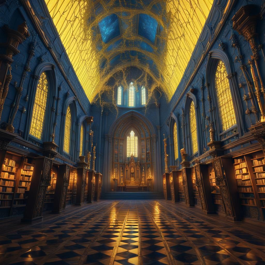 A mystical church-style room with bookcases. Wide angle. The...