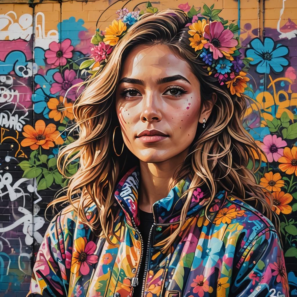 Urban Graffiti Portrait of Woman in Flowering City