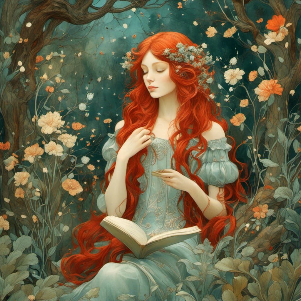 Art Nouveau Maiden Reading in a Garden