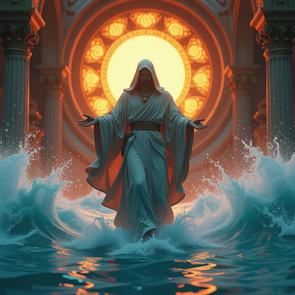 Divine Being Above Turbulent Waters in Ornate Style