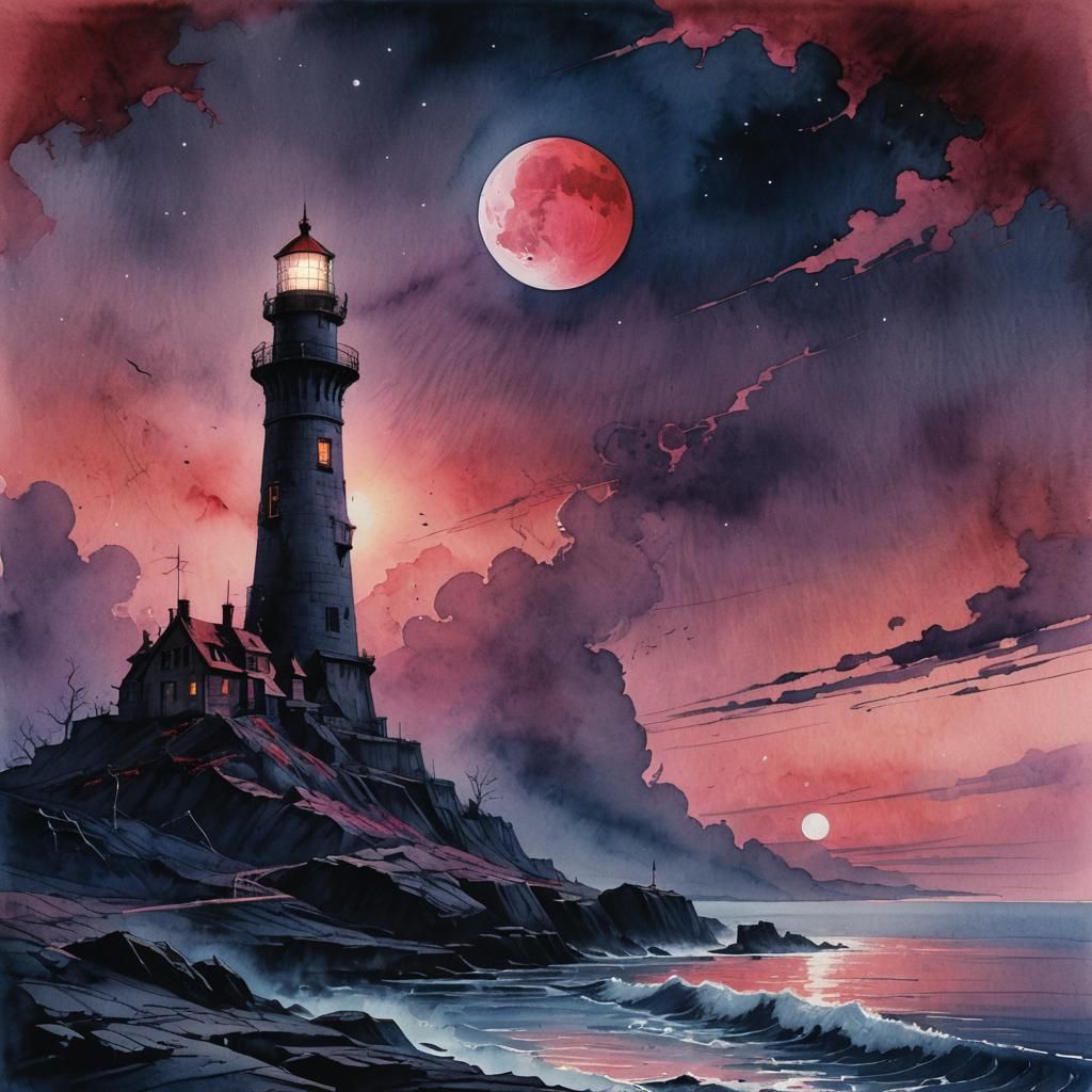 Towering Lighthouse in Dark Landscape as Watercolor