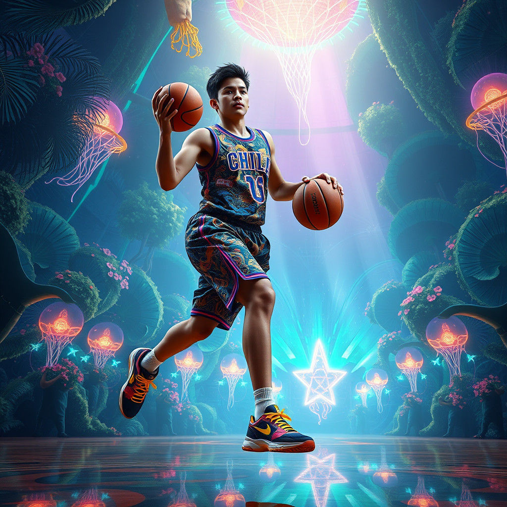 Chilean Basketball Player in Dreamlike Arena, Matte Painting