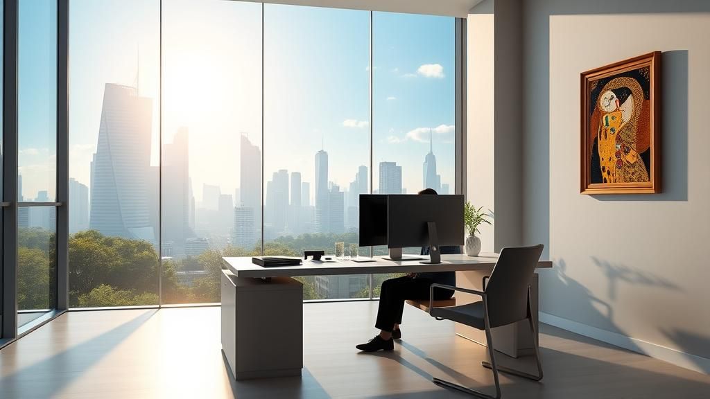 Tech Executive's Modern Office with Klimt-Inspired Art