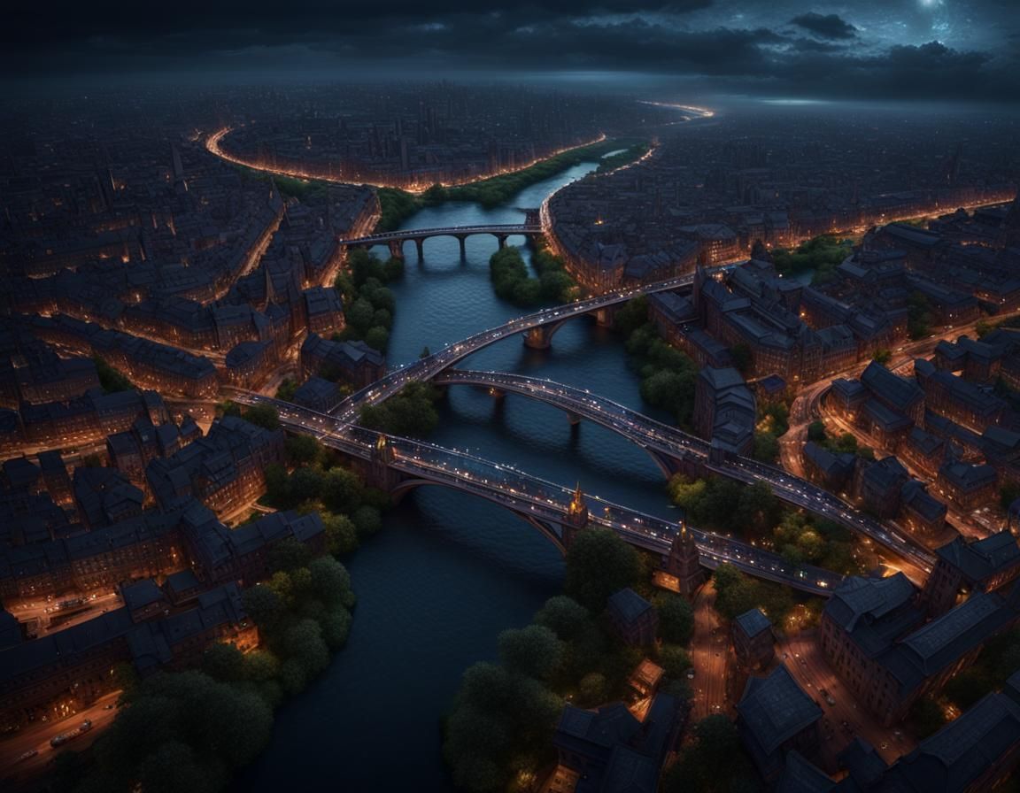 Night Cityscape Aerial View with River, Detailed Digital Pai...