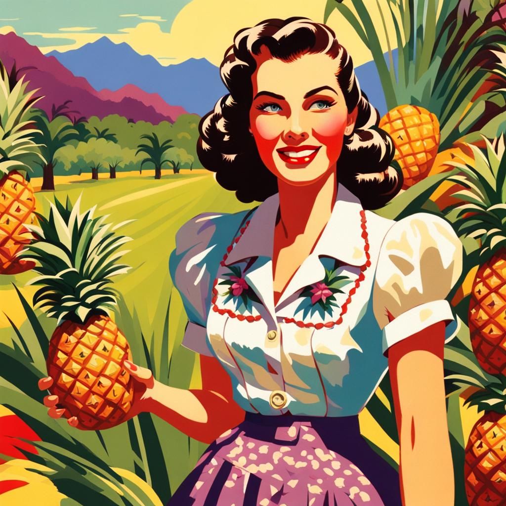 Vintage Pin-Up Girl with Pineapple in Crate Art Style