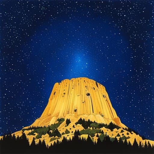 Devil's Tower Under Starry Sky in Alcohol Ink