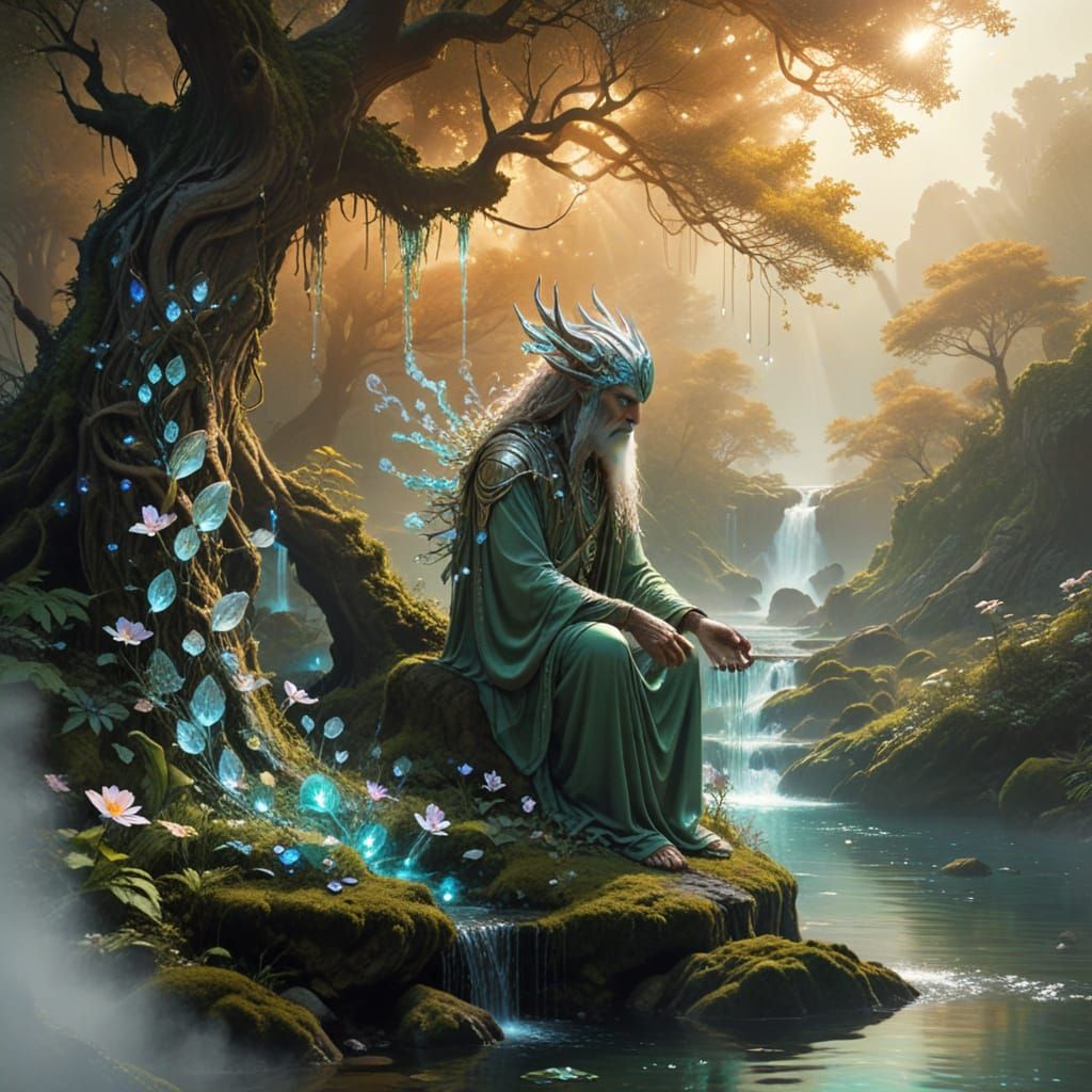 Mystical Druid Beside Luminous Spring in Enchanted Forest