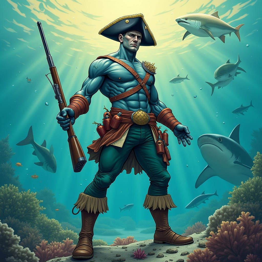 Marvel-Style Comic Warrior on Coral Reef