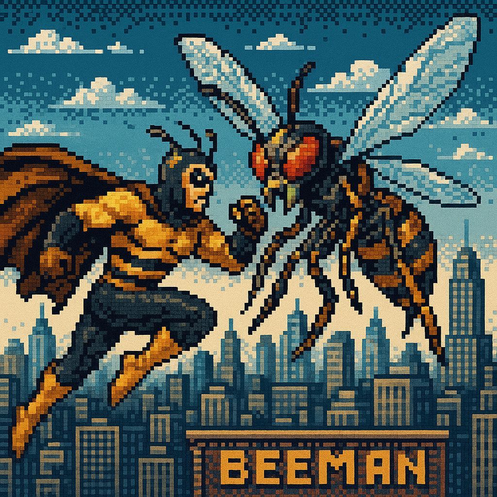 Beeman vs Robotic Wasp in 8-Bit Pixel Art