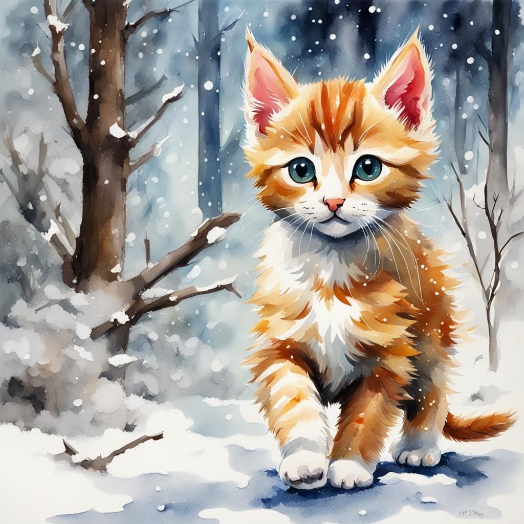 Kitten's Snowy Forest Walk: Anime-Inspired Art