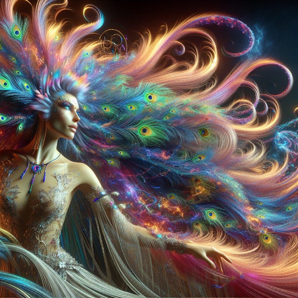 Stunning Realistic Woman with Vibrant Peacock Hair in Cosmic...