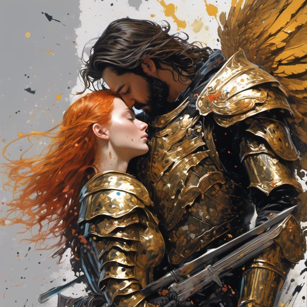 Armored Lovers Embrace in Splatter Graffiti Style