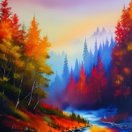 Autumn Fantasy Mountains in Watercolor Style