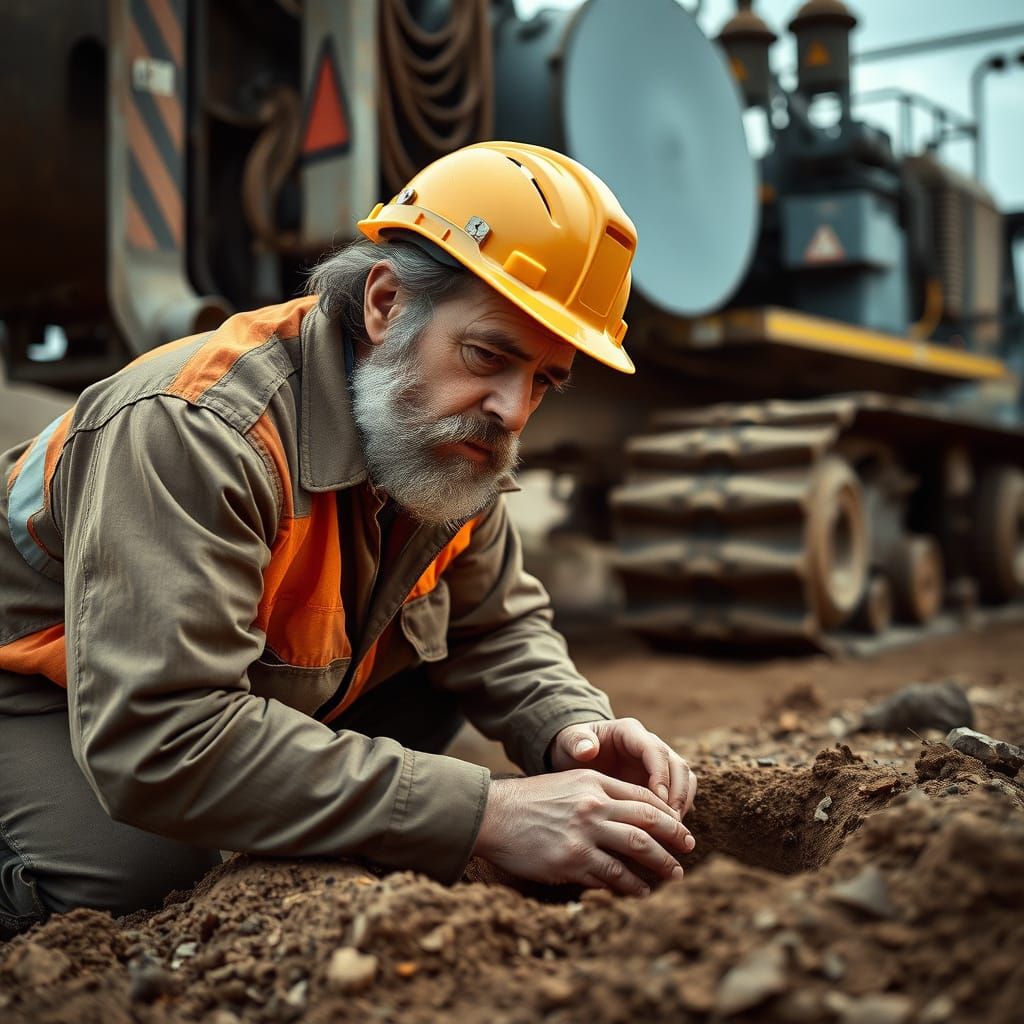 Geologist Examines Drilling Site in Cinematic Still