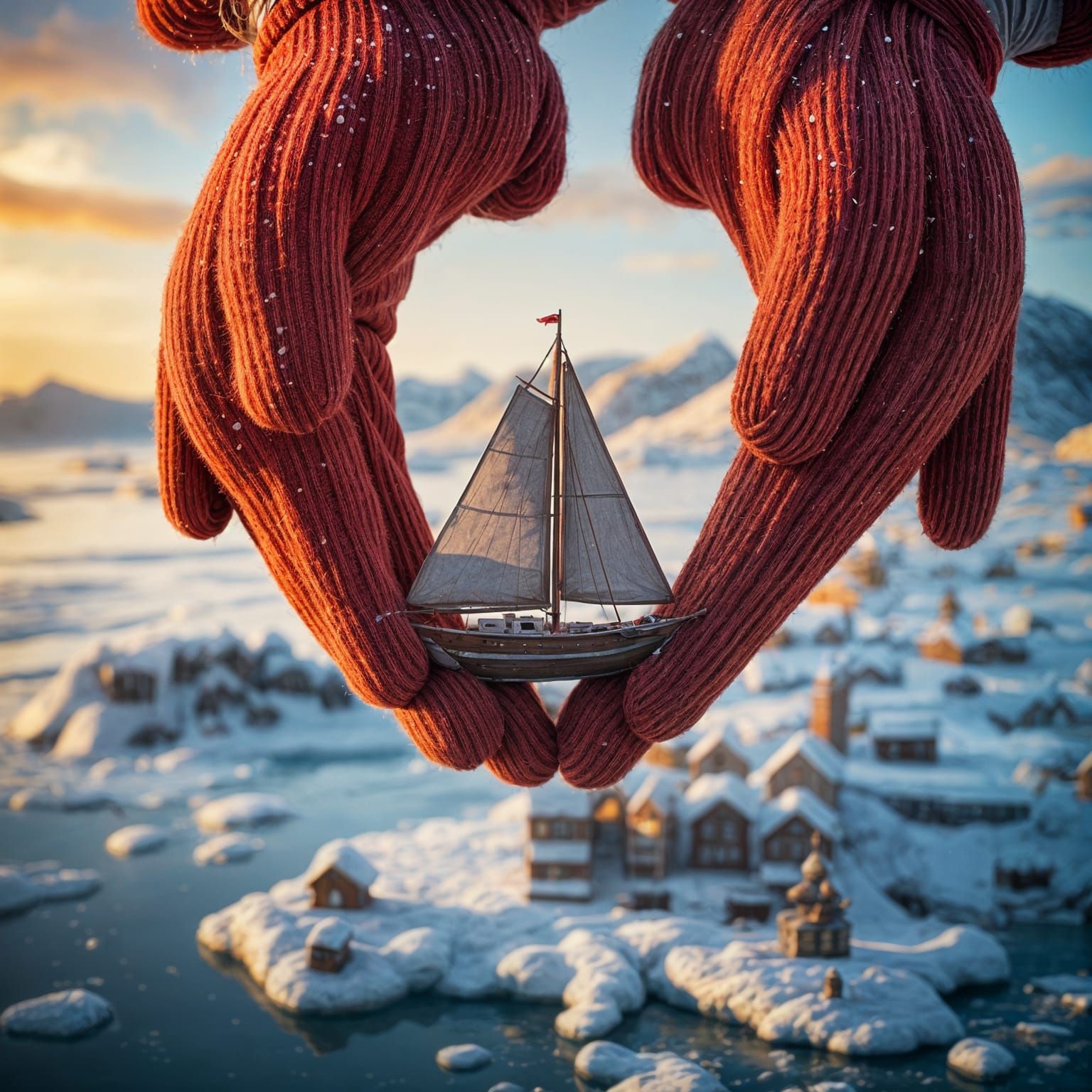 Surreal Hands Folded into a Boat, Encasing a Frozen Miniatur...