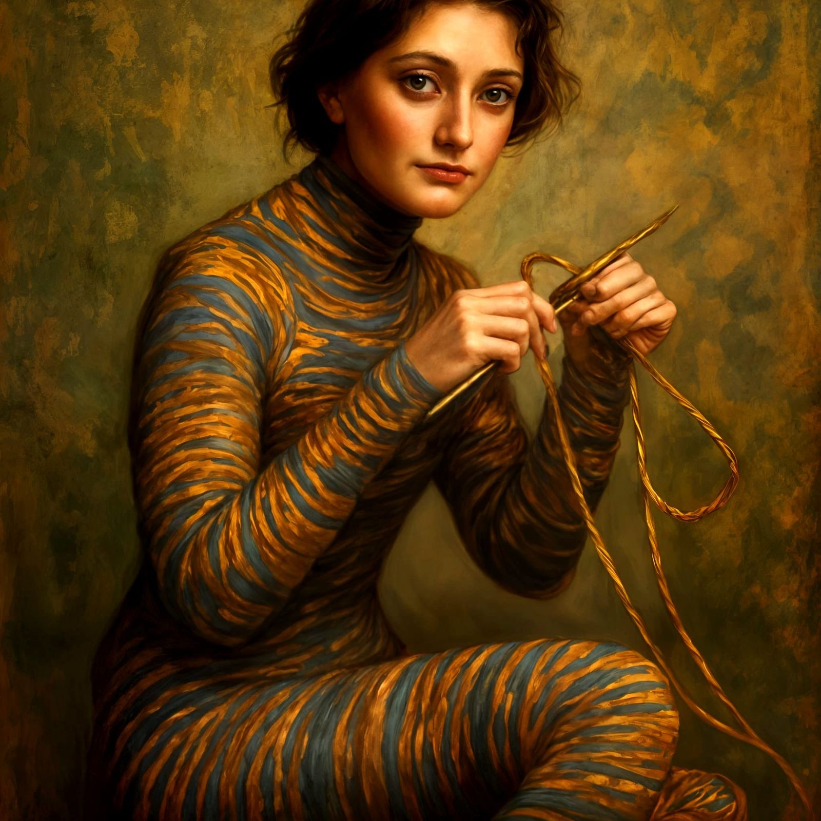 Woman Knitting Herself: Tonalism and Naturalism Fusion