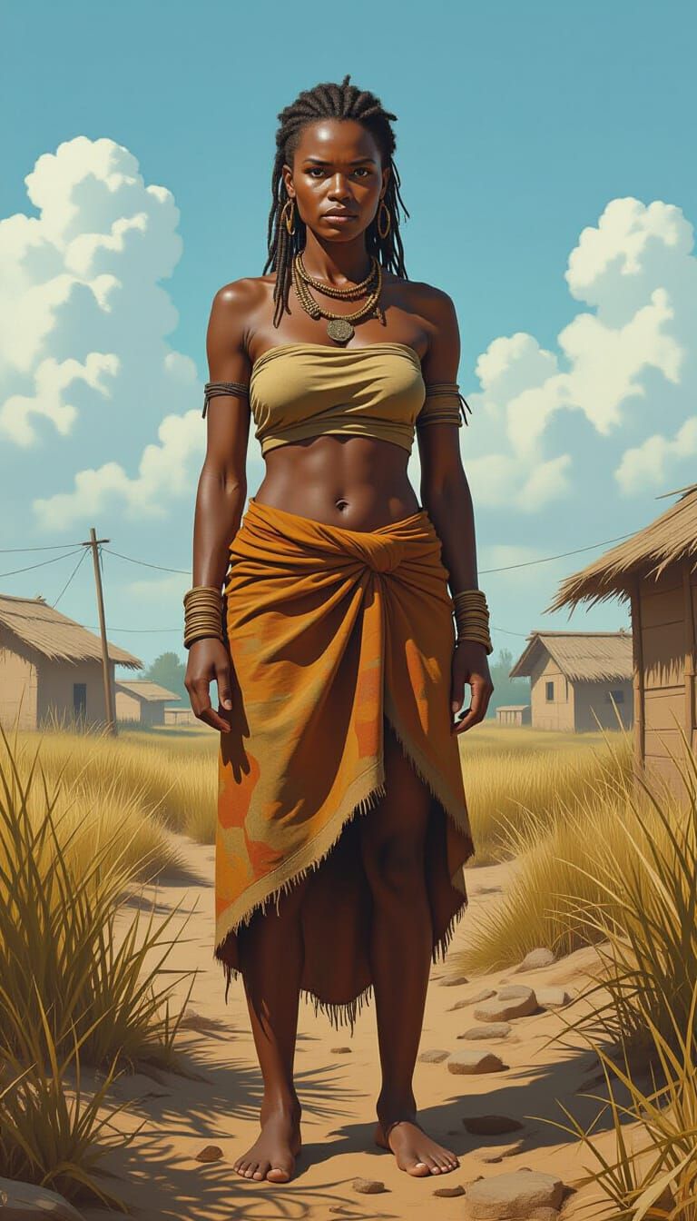 African Fisherwoman in Earthy Tones and Misty Realism