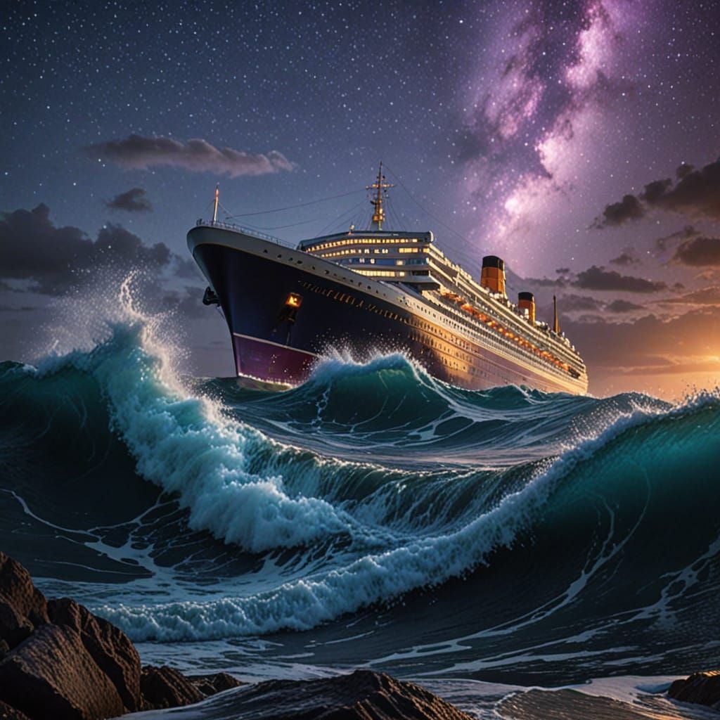 Majestic Ocean Liner at Night in Hyper-Realistic Photo