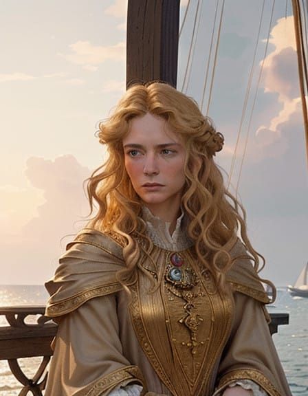 Elegant Governess Contemplates Majestic Vessel at Sunset