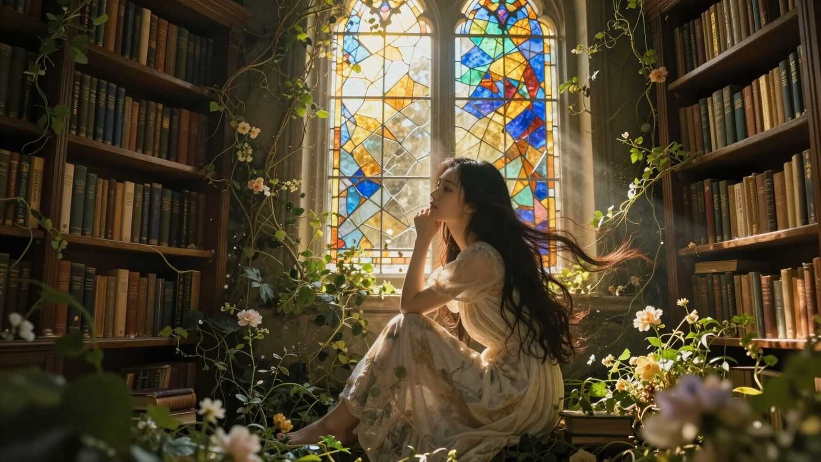 Asian Woman in Ancient Library Reclaimed by Nature