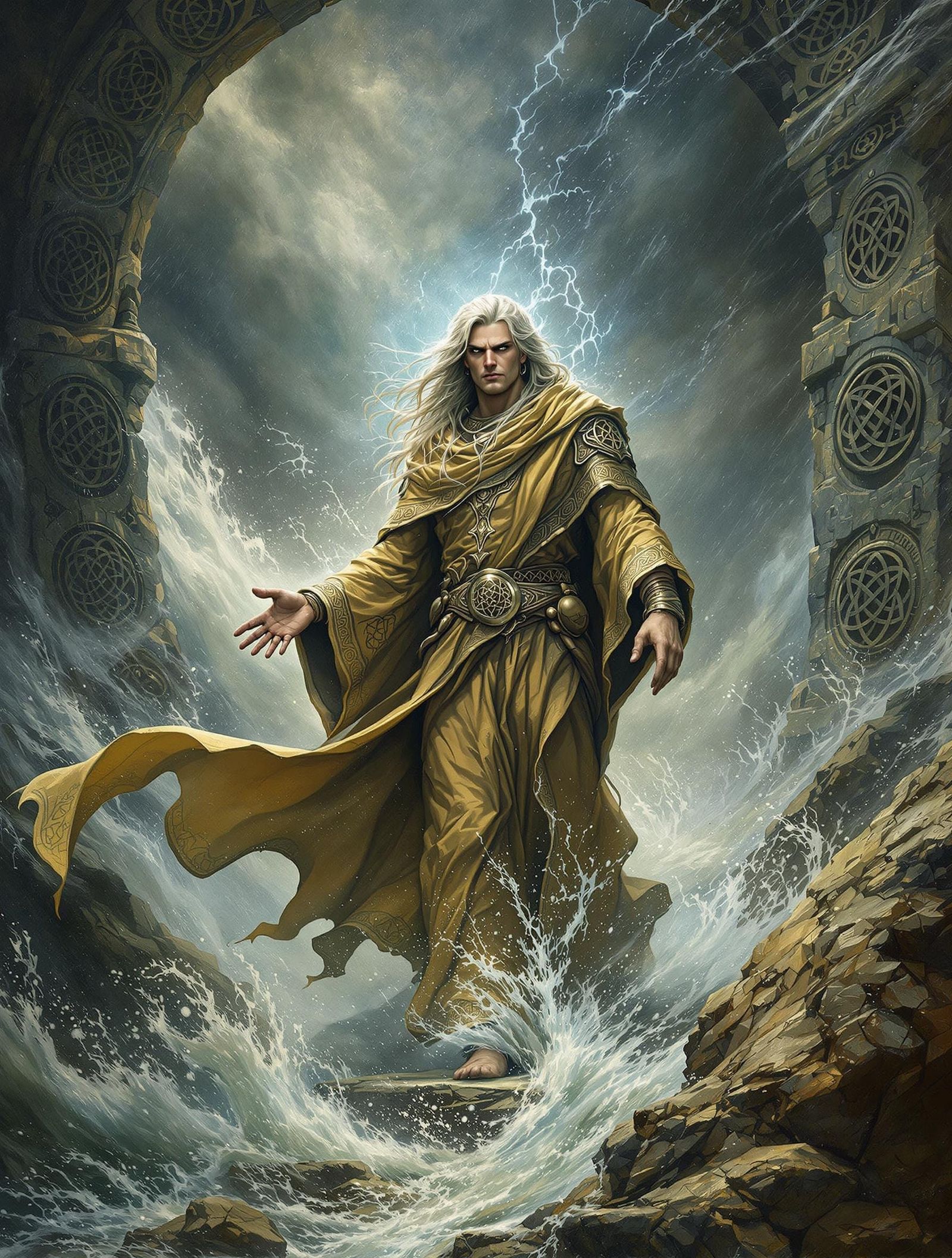 Mystic Figure Amidst Storm with Celtic Carvings